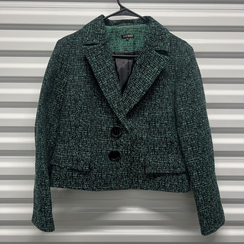 600 West Womens Blazer Size M Cotton Blend Green Black‎ Textured Cropped Jacket